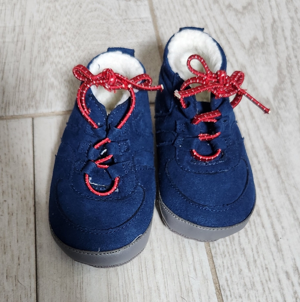 Children's Navy Soft Sole Shoes with Red Accents, 6M-9M